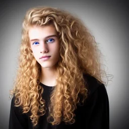 teen, male, with long blond curly hair, real photo, soft lighting