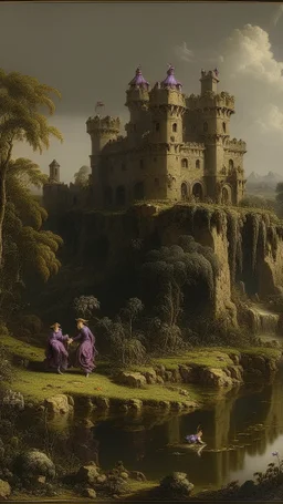 A purple castle near a toxic lilypond painted by Giovanni Battista Sassi