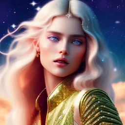  full body white goddess woman glitter smiling long blond hair blue eyes in a galactic ambiance, delicate colors in the foreground, full of details, smooth, light effect，vaporwave colorful, smooth, extremely sharp detail, finely tuned detail, ultra high definition, 8 k, ultra sharp focus