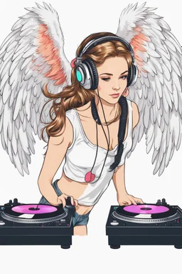 Photography Angel wings pretty girl with headphones playing music on a turntable, dj rave party disco club