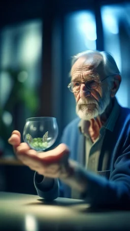 portrait of confused old man holding a glass bowl in glass nursery studying his own fingers, bokeh like f/0.8, tilt-shift lens 8k, high detail, smooth render, down-light, unreal engine, prize winning