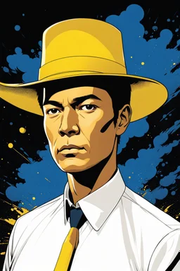 Gustavo Petro, comic style artwork, dark yellow, black and blue, wearing a wide-brimmed hat, wearing a white shirt, calm ando serious