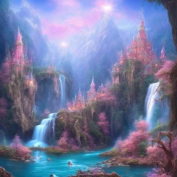 turquoise river, sun, waterfalls, pink fairy castle