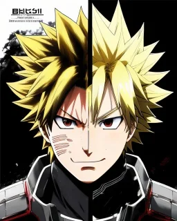 Detailed anime portrait of bakugo from my hero academia, gold hair and golden eyes, black suit, intricate details, full body portrait, keep head in frame, slight smile, black Japanese motif, concept art, highly detailed, digital painting, concept art, sharp focus, illustration, art by Yoji Shinkawa, WLOP and greg rutkowski and alphonse mucha and artgerm and yanjun Chen and Junji ito and Makoto Shinkai, HDR, octane render