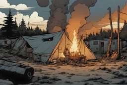 nighttime, camp,camp fire,,, post-apocalypse, front view,, , comic book, cartoon