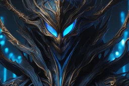 Huge symbiote in 8k fantasy drawing, shaco model, Halloween theme, neon blue lights, Chaos sea, intricate details, highly detailed, high details, detailed portrait, masterpiece,ultra detailed, ultra quality