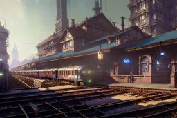 Corner Trainstation on Italian village sea close up train+Elevated train+corner train+train on sea +alphonse mucha, greg rutkowski,matte painting, cryengine, hyper detailed, felix kelly, fantasy art, seb mckinnon