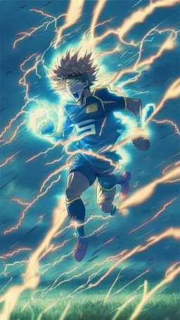 anime soccer player running covered in lightning