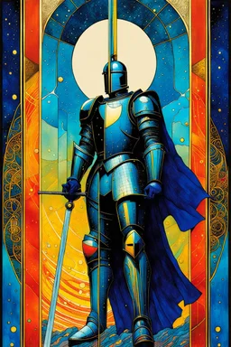 Create a chaotic abstract cubist Tarot Card depicting The Knight of Swords , with highly detailed facial features, in the style of Bill Sienkiewicz, Philippe Druillet, Gustav Klimt, and Jean Giraud Moebius, precisely drawn, colored and inked, with ornate bordered edges