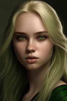 dark green eyes, blond long hair, brown brows, small nose