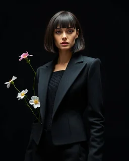 generate a high fashion photo with High technik, futuristischen aspekts, kultur, with moss, flowers, in combination with an black backroundgenerate she should wear a black short jecked, that is open in the middle, Jacket Design Specification: Material: High-quality wool for a structured yet comfortable fit. Color: Deep black. Silhouette: Tailored fit with a slightly structured shoulder line for a refined shape. Details: Intricate vertical pleating and stitched accents on the front panel. High co