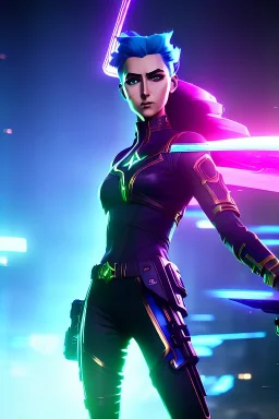 Futuristic female soldier, physically fit, green hair, blue eyes, intricate eyeliner, vibrant eyeshadow, clear completion, soft lighting, 4k resolution, intricate details, insanely detailed, colorful cityscape background, masterpiece, expert, cinematic smooth, retroanime style, realistic details, no helmet