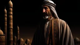 A man from ancient times wearing old Arabic dress and standing with a black background