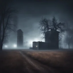 Hyper Realistic Haunted Dark Factory between a Field with dry old tree at heavy foggy night