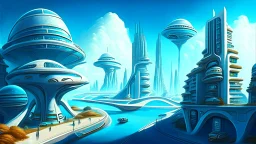 detailed alien cityscape, buildings with balconies, tracks, roads, paths, river, blue sky, white clouds