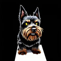 an angry scruffy black terrier on black background, yellow eyes, defined teeth, turned to the right, illustration