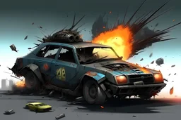 car explosion, punk decals on car, concept art