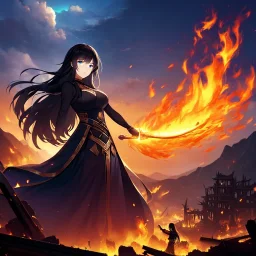 girl, masterpiece, best quality, cinematic lighting, detailed outfit, perfect eyes, long hair, black hair, vibrant blue eyes, fire magic, landscape, ruins,