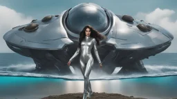 woman with dark hair in a silver robotic catsuit, standing on a futuristic alien beach with a crashed spaceship in the water, with mushrooms with octopus tentacles flying in the air