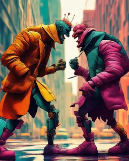 whimsical arafed nonsense, patchwork vibe, (((side view))) two arafed cyberlords fighting each other in a rainy whimsical downtown street with extreme body action and with (((exaggerated body parts))), (((oversize head))), sharp color contrasts, amazing shadows, (((exaggerated limbs and head))), minimal cozy, warm palette, bright bold warm summer colors with yellow orange black colors, color leak, heavily distorted views, amazing parallels, extreme urban decay