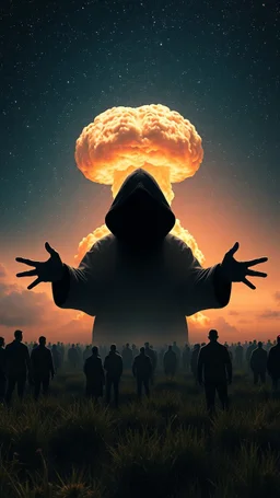 A field of random people in a bright lighting , at the end of the picture the universe with stars sky background with a huge nuke explosion behind the explosion a very large open arms dark scary shadow of a black hooded creature