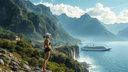 a picturesque natural landscape that includes majestic mountains and a serene countryside. Additionally, incorporate details about a stunning, large waterfall that enhances the beauty of the scene. The output should be structured as a narrative, painting a clear image with rich, descriptive language that evokes the sights and sounds of this beautiful environment water fall falls to a big sea with modern ship in it.a fullbody lady inOne Piece - Athletic Swimsuit,and diving cap