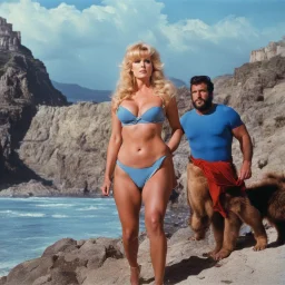 [Jason and the Argonauts (1963)] super bear in the jun with a blue costume and Stormy Daniels as Aphrodite, on the shore