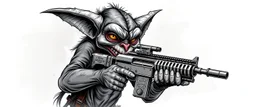 air brush 3d with pen outline, mongrel goblin gremlin holding uzi, charcoal border