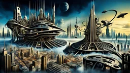 a stunningly weird image of a futuristic metropolis using Salvador Dali's paranoiac-critical method, where buildings and structures appear to melt into the skyline cityscape is filled with floating mad, twisted sharp metal shapes that interact with the buildings and each other, forming a surreal tableau of a dreamlike reality. neu-steampunk vibe, essence of the scene in a cinematic manner, with dramatic shadows that enhance the distorted perspectives and bizarre