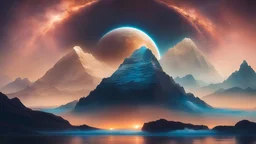 ocean on extraterrestrial planet, mountains, billions of stars in the sky, waves of beautiful light, different reality, enlightenment, wisdom, eternity