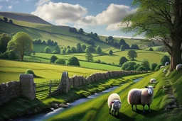 beautiful rolling hills and fields, with stone fences, small stream and sheep, of the Bakewell in England. Gorgeous lush green grass and trees.