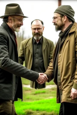 Walter White and Jesse Pink in the AMC walking dead universe shaking hands with rick grimes and Daryl Dixon.