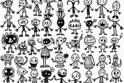 make a bunch of simple hand-drawn spooky and cute cartoon characters with bodies arms, and legs I could draw and make them all different