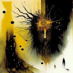 Liminal Abominations, god of the gaps when reality slips, double exposure visions, arcane symbols, horror surreal art, by B Kliban and Arthur Secunda and Stephen Gammell, mind-bending pen illustration; warm colors, diagonal composition, album art, asymmetric, Morse code dot and dash vertical textures, dark shines war, complex contrast