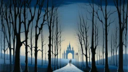 A dreamlike, surrealistic scene in the style of Paul Delvaux, set against a soft, gradient blue background that evokes a sense of twilight, with subtle, golden undertones, featuring a prominent, misty, moonlit landscape in the distance, with slender, gothic-inspired trees, their branches like nature's own cathedral, while in the foreground, a scattering of statuesque, nude female figures, their skin a smooth, creamy pale, their features delicate, enigmatic, and slightly melancholic, gazing away