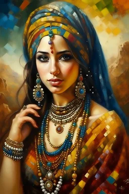 Artistic painting by paintbrush, Portrait of Arabic girl on the desert, in turban, heavy makeup, loads of jewellery, painted by in style of mosaics of Turner