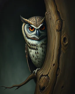 Bosch painting style, nightmare , a shy strange owl hiding behind a tree , showing half of his body and face from behind the tree
