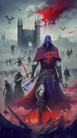 warlock in the centre, blood being sucked, medieval battlefield in the background