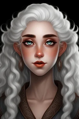 Dark Brown female elf with pointy ears blue eyes and long white super curly hair