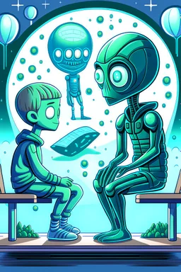 alien and a boy sitting on a bench. alien isshowing boy with his alien hand the universe that boy never saw with his human eyes. there are geometric stuff all around and some planet stuff. boy and alien are friends.