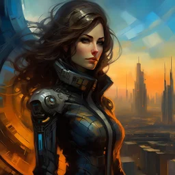 A striking abstract oil painting that captures the essence of a mysterious and alluring brunette woman in a futuristic space suit. The suit features intricate details and a plunging neckline, while her wavy hair is elegantly tied up. The desolate post-apocalyptic landscape behind her showcases a city skyline, adding to the dark and enigmatic atmosphere. The steampunk and futuristic elements blend seamlessly, creating a captivating and cinematic experience., architecture, painting, illustration,