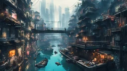 Water-level view of buildings on a canal, made of metal, cyberpunk, many painted colours, floating and flying boats, balconies, bridges, people, shopping, eating, walking, fifth element, ghost in the shell, altered carbon