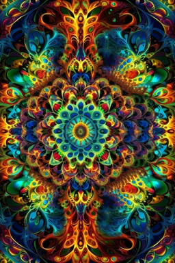 Fractal-style digital artwork showcasing a hypnotic and intricate kaleidoscope of vibrant colors and geometric patterns, evolving and expanding with every layer. The composition radiates a mesmerizing energy, with fractal shapes seamlessly blending into each other, creating a sense of infinite complexity. The artist utilizes vivid hues and intricate details to create a visually striking and immersive experience. The image is created using digital software to replicate the intricate and self-simi