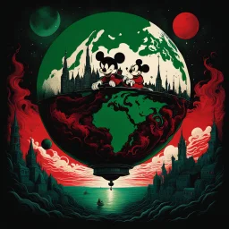 color Ink illustration by Phillipe Druilett, heavily inspired by the unsettling symbolism of Virgil Finday and Alexander Jansson, mickey mouse looming over the globe, red and dark_green and black color scheme dominating the artwork, grim narrative, smooth illustration, chilling Eldritch motifs, UV reactive color slashes, textured surface, ominous representation, unsettling.