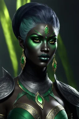 dnd character art of a dark black drow sorceress. high resolution cgi, 4k, pointed ears, dark-charcoal-black skin, short dark green hair, golden tattoos, green accessories, green irises, black sclera, long golden eyebrows, unreal engine 6, high detail, cinematic.