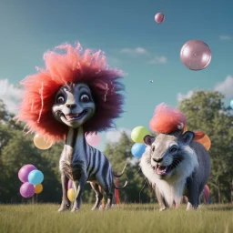 Ultra realistic circus scene. Sweet big hair monster. Child’s playing, smile, happy, color bubbles, smooth color, waist up view, Wes Anderson style, dark ambient, highly detailed, concept art, unreal engine 5, god rays, ray tracing, RTX, lumen lighting, ultra detail, volumetric lighting, 3d, finely drawn, high definition, high resolution.