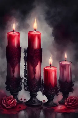watercolor three burgundy vintage candles with black lace and rubies, Trending on Artstation, {creative commons}, fanart, AIart, {Woolitize}, by Charlie Bowater, Illustration, Color Grading, Filmic, Nikon D750, Brenizer Method, Side-View, Perspective, Depth of Field, Field of View, F/2.8, Lens Flare, Tonal Colors, 8K, Full-HD, ProPhoto RGB, Perfectionism, Rim Lighting, Natural Lighting, Soft Lighting, Accent Ligh