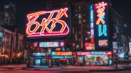 a billboard branded writing Odk Tokusentai , with neon light, in the city center, at night . in Montréal