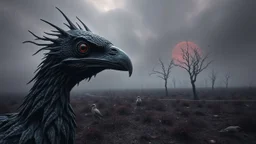 close up weird crepy bird head, and far away Birds and trees in alternative surreal barren, dry, gloomy world, nightmare in abyss, deep vortex, black, gray, purple, brown, silver, dark red colors, surreal, weird dark fantasy, deep dark colors, sharp lines, crepy stunning, high detalied, weird, fog, shadows, realistic, surreal, highly detailed, melancholic thriller mood