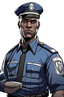 Draw me a black-skinned, young GTA character who is policeman officer. He should have a GTA mark, he should be tall,